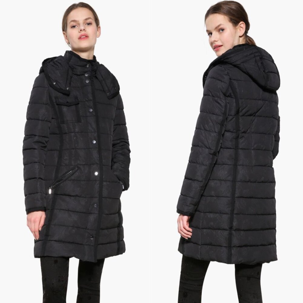 $260 DESIGUAL Size 38 US 4 Black Floral Embossed Padded Hooded Long Jacket Coat‎